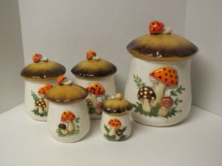 Vintage 1970s Sears Roebuck & Co Merry Mushroom Ceramic Canister Jar Set Of 5