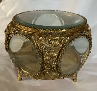 Vtg Matson Stylebuilt Gold Gilt Ormolu Brass Beveled Glass Jewelry Casket Box