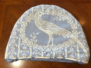 Vintage Filet Crocheted Peacock/pheasant Design Tea Pot Cozy,  Blue Backing