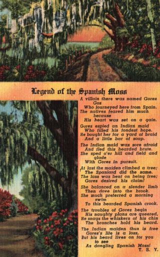 Florida,  Fl,  Legend Of The Spanish Moss,  1950 Linen Vintage Postcard A344