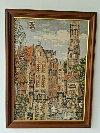 Vintage Belgian Gobelins Art Framed Tapestry Wall Mounted.  Bruges City