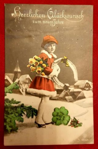 1928 Vintage Antique Christmas/new Year Postcard " Young Girl "
