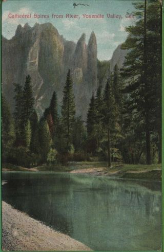 Vintage California Ca Postcard Cathedral Spires From River Yosemite Valley