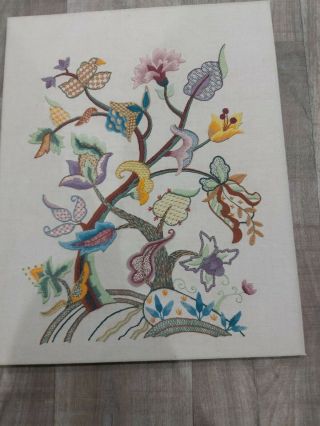 Vintage Crewel Work Wool Embroidered Panel,  Framed Picture Embroidery Jacobean