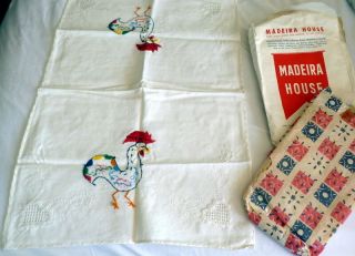 Nip Colorful Rooster Vtg Madeira Linen Guest Towel Runner Hand Embroidered