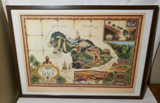 Vintage 1994 " Island Of Maui " Map By Blaise Domino Framed Hawaii Art 20.  5 " X28.  5 "