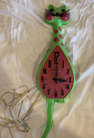 Rare - Vintage Spartus Green Pink Polka Dotted Cat Clock