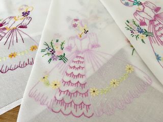 Vintage Hand Embroidered Crinoline Lady Gathering Flowers In Garden Tablecloth