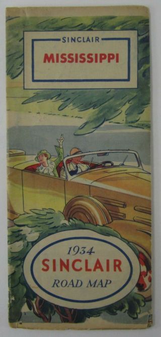 Vtg Sinclair Mississippi Road Map Gas Oil Dino Service Station Advertising 1934