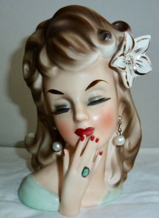 Vintage Lady Head Vase,  Velco - 3747s Flower In Hair & Pale Green Dress,  Pearls