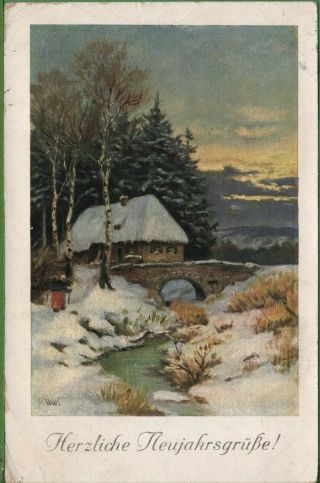 Vintage Postcard German Herzliche Neujahrsgrüße Year County Scene 1912