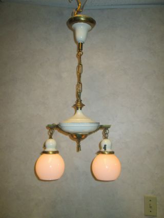 Vintage Two Light Brass Electric Pan Ceiling Fixture Chandelier With Shades