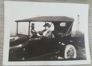 2 Antique Photos 1910 ' s Model T Cars Woman Driving and Parked in Field 3