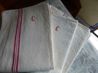 3 Antique French Pure Linen Towels Red Stripes C Napskin