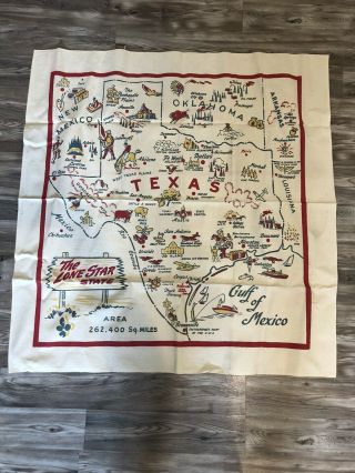 Nos Vintage Tablecloth - Texas Lone Star State Map Hand Printed 34x35”