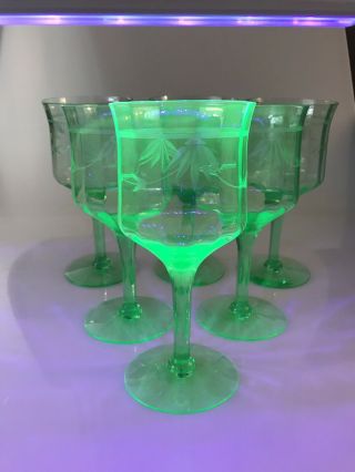 Vintage Etched Green Uranium Depression Glass Set Of 10 Goblets