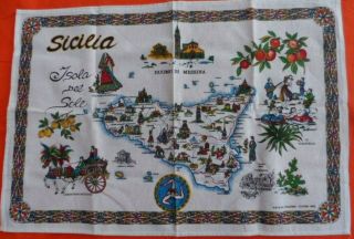 Vtg Sicilia Cotton Tea Towel Map Kitchen Towel Souvenir Art Landmarks
