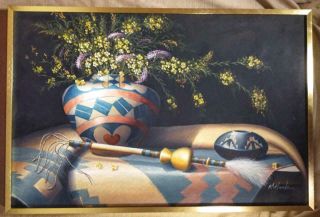 Vintage Oil Painting Still Life Native American Indian Pottery Southwestern Rug