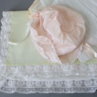 Vintage Linen,  French Lace Baby Pillow Case,  Pink Baby Bonnet,  Other Handmade
