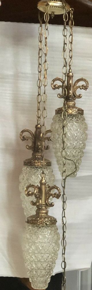 Vintage Mid Century Glass Hanging Light Fixture Triple Pineapple Swag Chandelier