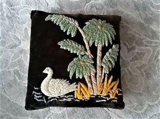 Vintage Chenille Embroidered Velvet Pillow - - Swan & Palm Tree