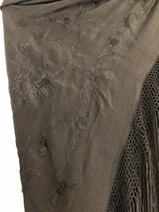 VICTORIAN BROWN BLACK SILK FLORAL EMBROIDERED PIANO SHAWL MOURNING SHAWL 1800’s 2
