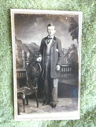 Antique Cdv Cabinet Photo Young Man Long Frock Coat Ribbon Tie Studio Pose