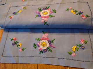Set Of 10 Vintage Hand Embroidered Irish Linen Table Mats - Blue Linen - So Pret
