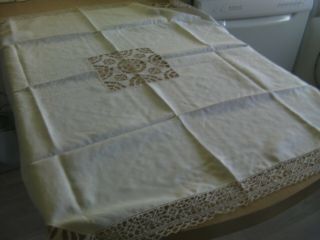Vintage Linen Tablecloth,  With Hand Crochet Border,  96cm X 96cm,  Vgc