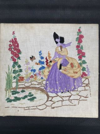 Vintage Hand Embroidery On Linen Crinoline Lady In Garden Picture Cushion Cover