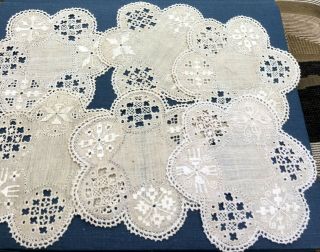 Rare: Set: 6 Antique Handmade Linen Lefkara Lace Embroidered Doily Coaster