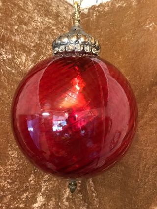 Vintage Ruby Red Glass Large Round Pendant Swag Hanging Lamp/ Chain,  Cord & Plug