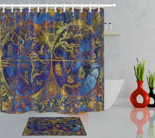 72x72 " Vintage Blue Gold World Map Fabric Shower Curtain Set Bathroom W/ Hooks
