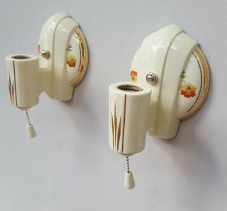 Pair Art Deco Porcelier Porcelain Sconces,  Vintage,  Wire,  Good Pull Switches