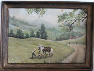 Vintage Of Boy Playing With The Dog And Horse,  Landscape Oil Painting On