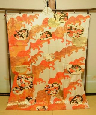 Furisode Silk Kimono Women Japanese Vintage Robe Embroidery 162cm Long /831