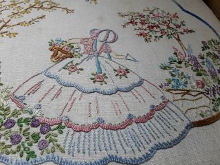 Vintage 1930s Hand Embroidered Linen Panel Crinoline Lady Floral Mounted Picture
