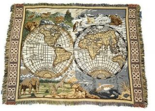Vintage Crown Crafts Throw Blanket Woven Tapestry 55 X 41 World Map Animals
