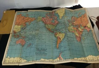 Vtg Cram’s Indexed Map Of The World On Mercator Projection At Beginning Of Wwii