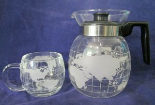 Vintage Nescafe Nestle Glass Etched World Map Globe Coffee Carafe W/one Cup Euc