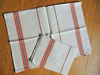 Antique 2 French Tea Towels Linen Metis Vintage Orange Stripe Country Kitchen