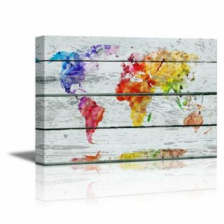 Canvas Prints - Abstract Colorful World Map On Vintage Wood Background - 16 " X 24 "