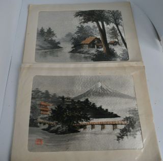 Vintage Japanese Silk Embroidered Art.  Oriental Landscape Pictures.  One Signed.
