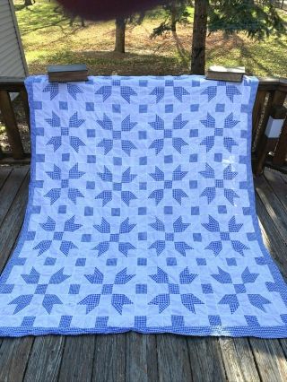 Vintage Hand Worked Blue White Cotton Quilt Top Machine Stitched 64x76to Finish