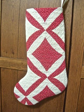 Stocking From 1920 - 30s Quilt Orange Peel Turkey Red Floral Calico & Off - White 1