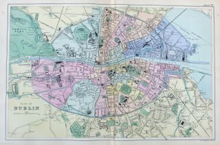 Dublin - Large Antique City Plan / Map - Bacon,  1897.