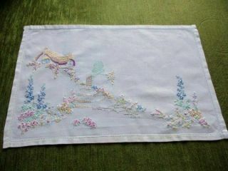 Vintage Tray Cloth - Hand Embroidered Thatched Cottage & Flowers