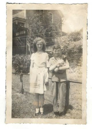 Vintage Photo Boy Holding Dog Girl Brother & Sister Antique Found Art Dst70