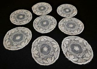 Antique French Tambour Net Lace Round Coaster Doilies Set Of 8