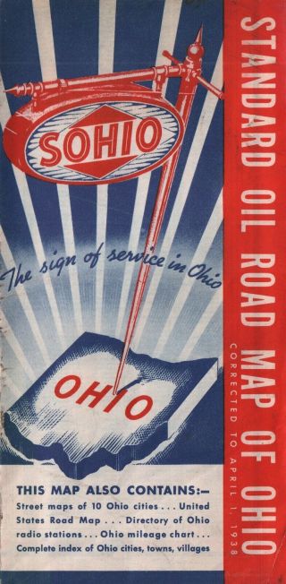 Vintage 1938 Standard Oil Company Sohio - Ohio Road Map W/street Maps